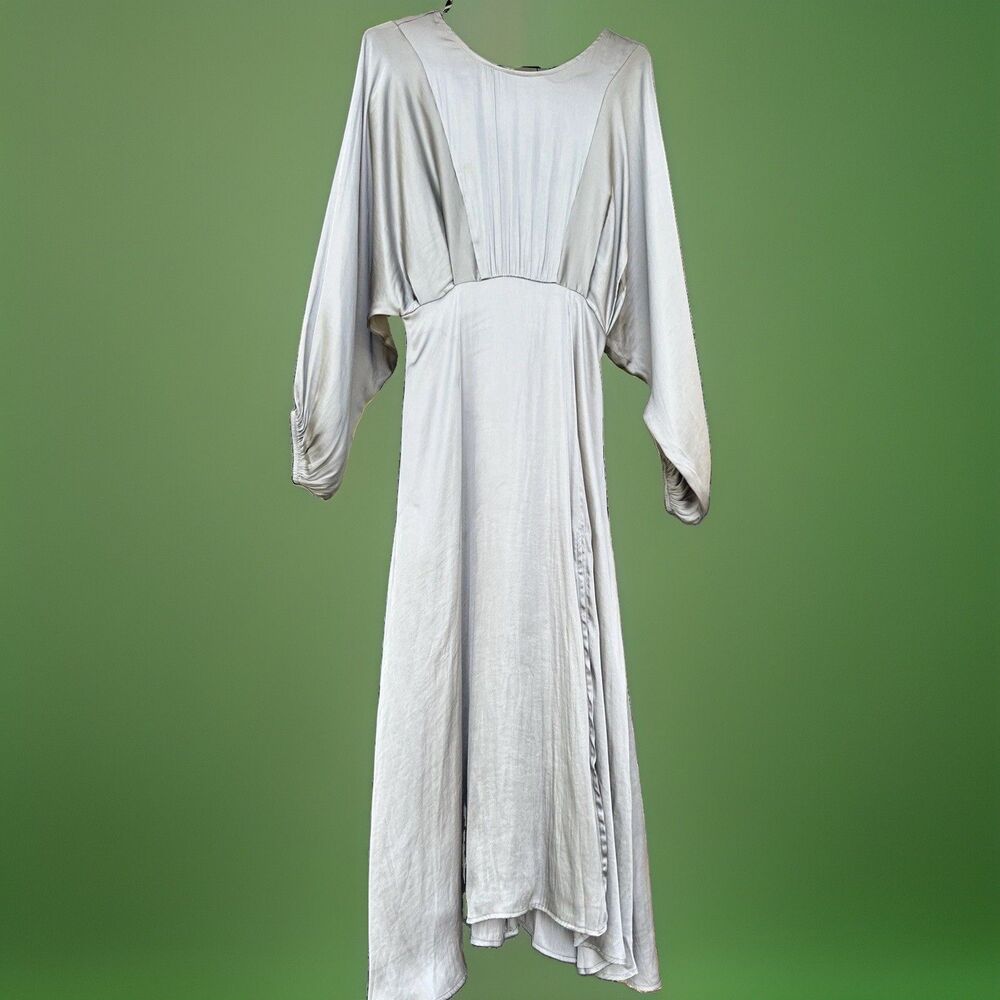 NWT ASTR Marin Dolman Sleeve Satin Midi Dress Small Sage Silver Blue Silky